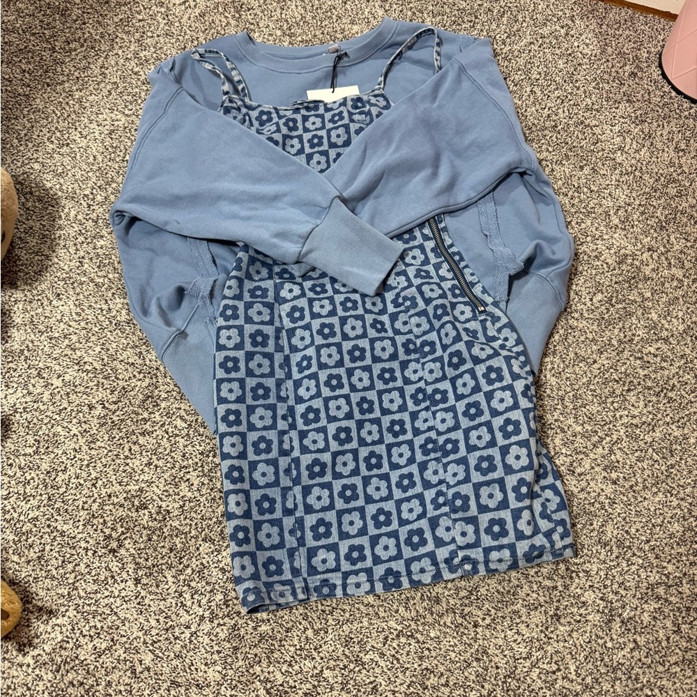 Blue Floral Tile Slip Dress with Light Blue sweater